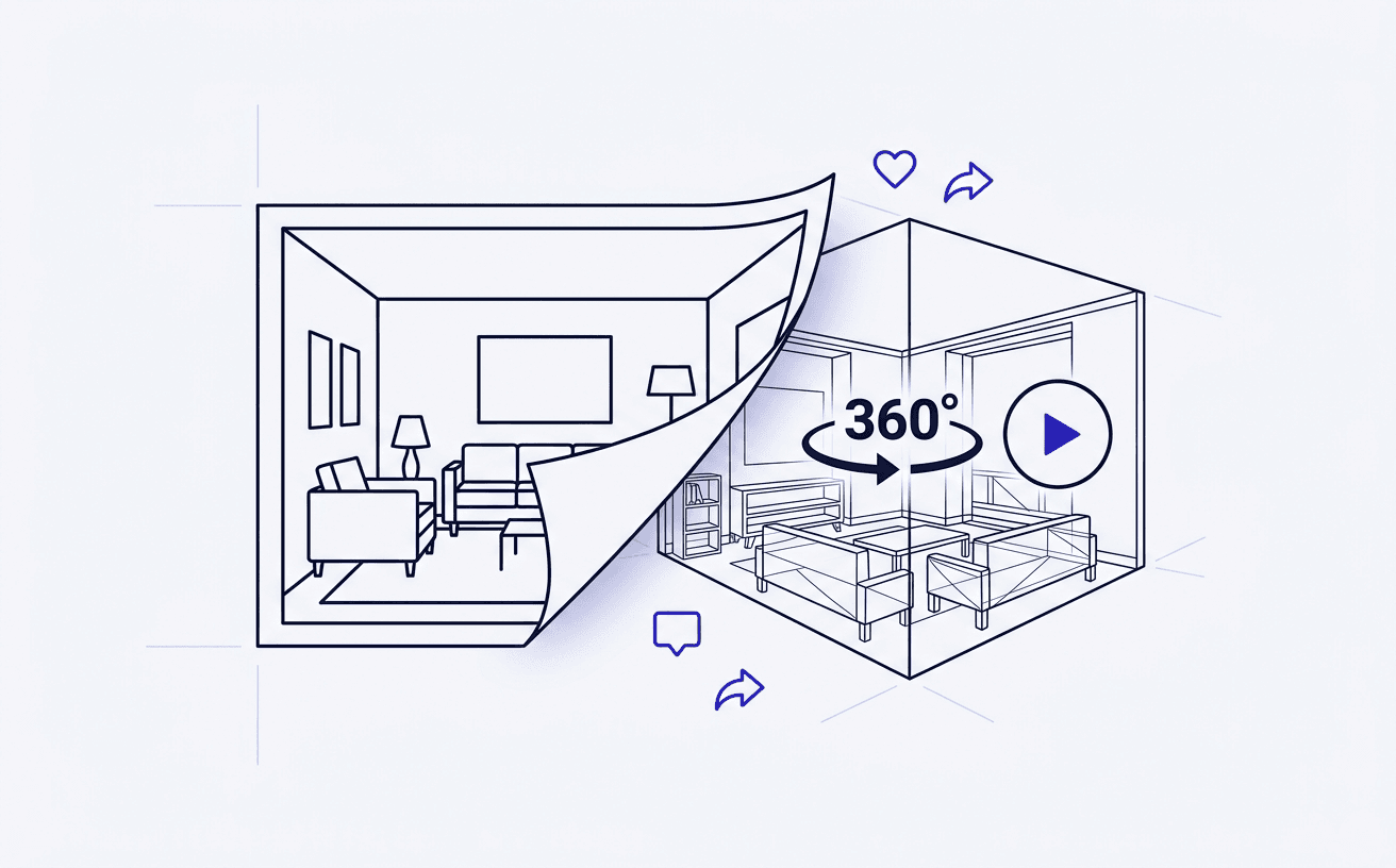 illustration of a flat property photo turning into an interactive 3D tour