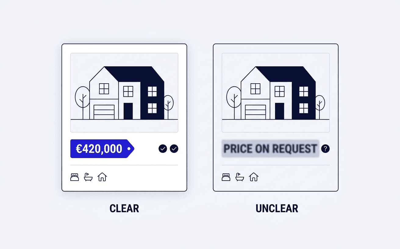 illustration comparing a listing with a clear price against one with a hidden price