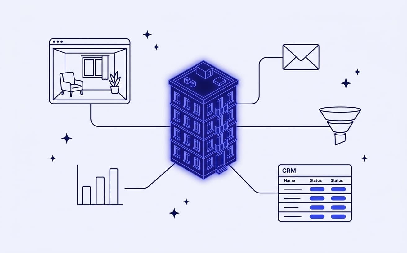Line illustration of a glowing 3D apartment building connected by lines to marketing channels: a viewer window, email, a funnel, an analytics chart and a CRM list.