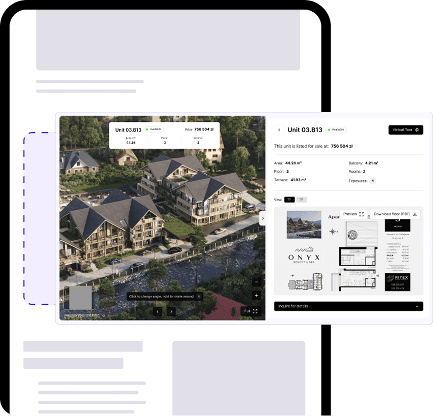 A developer's website with the YourNextHome viewer embedded: a 3D view of the building next to the selected unit's details