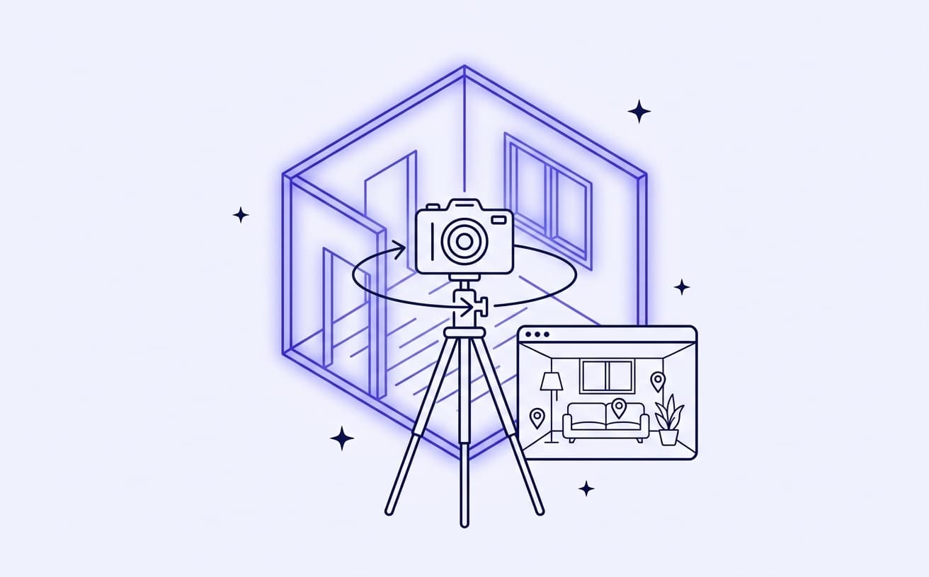 Line illustration of a 360-degree camera on a tripod sweeping a room, beside a virtual-tour viewer window with hotspot pins, over a glowing 3D wireframe room.
