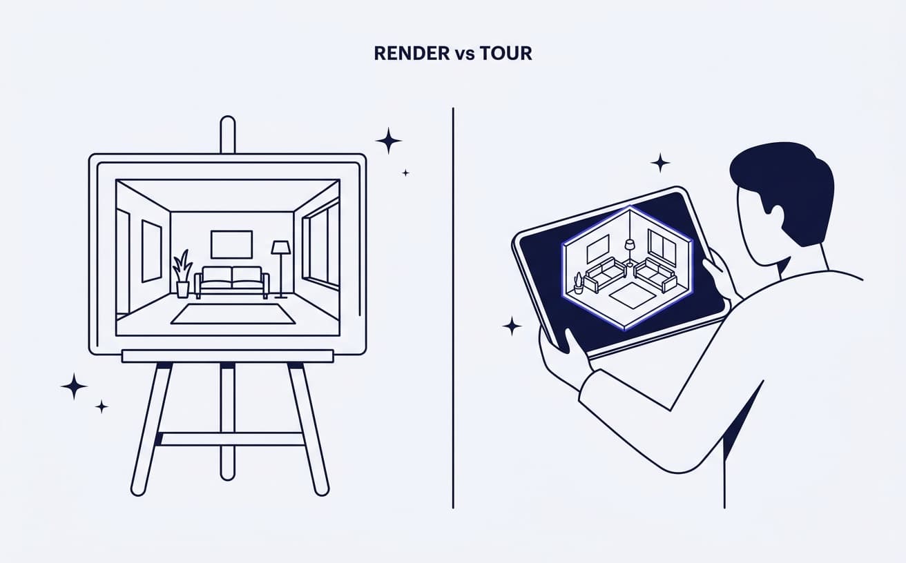 a still room render on an easel beside a person holding a tablet showing a walkable 3D room tour