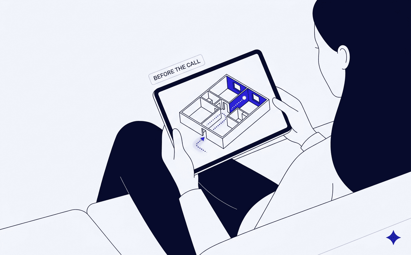 illustration of a buyer exploring a 3D apartment tour on a tablet at home