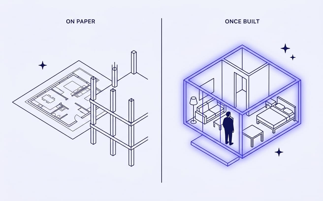 Line illustration split in two: on the left a floor plan and a bare construction frame labelled On paper, on the right a glowing 3D cutaway of the finished, furnished apartment labelled Once built.